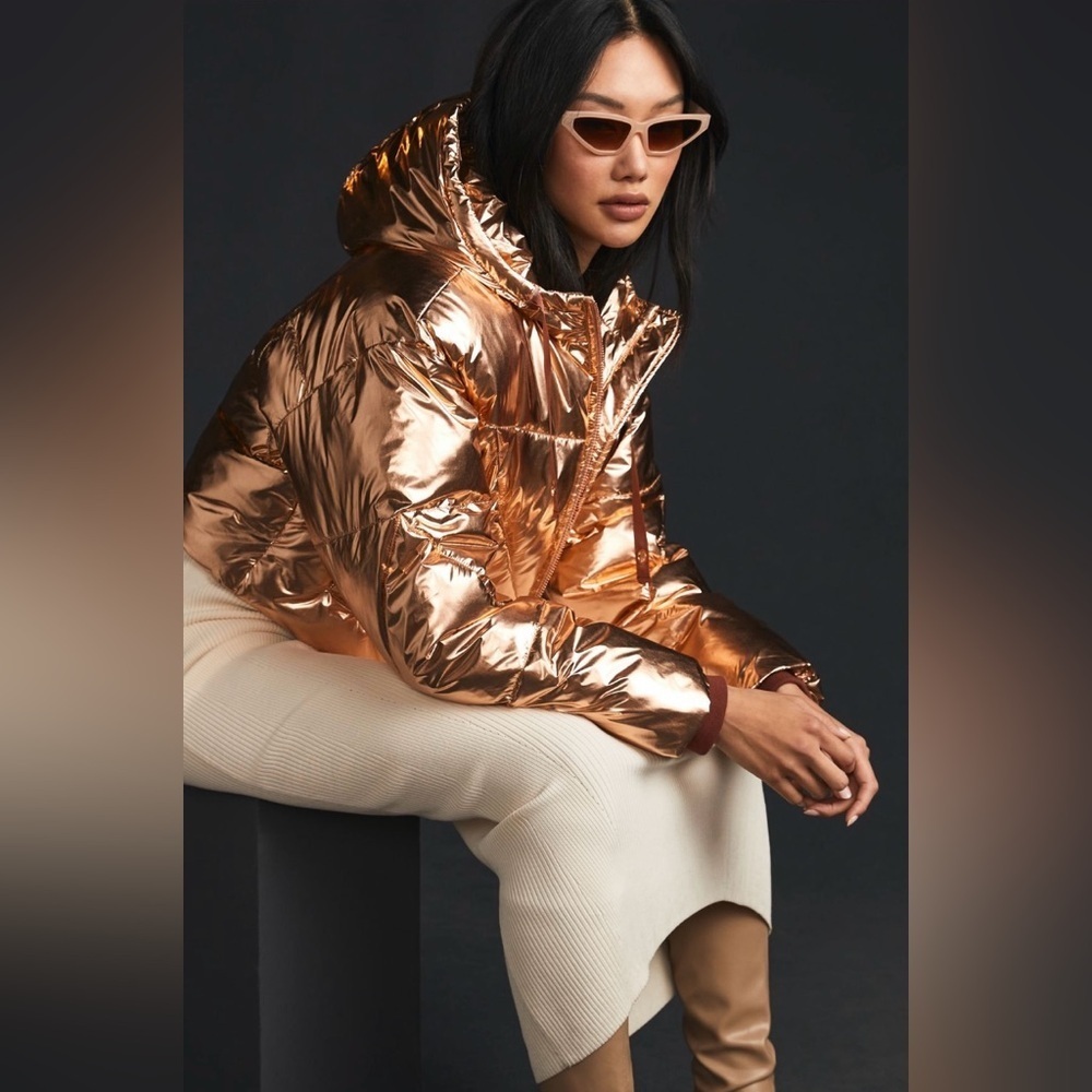 AVEC LES FILLES NWT Metallic Coral Puffer Jacket Rose Gold Hooded Statement Coat